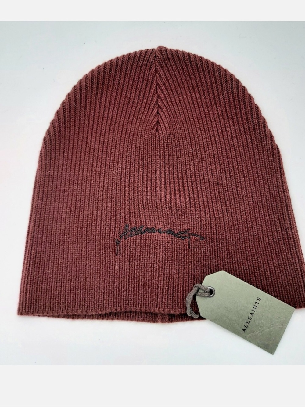 ALL SAINTS NWT EMBROIDERED SCRIPT LOGO BEANIE CHARRED RED
